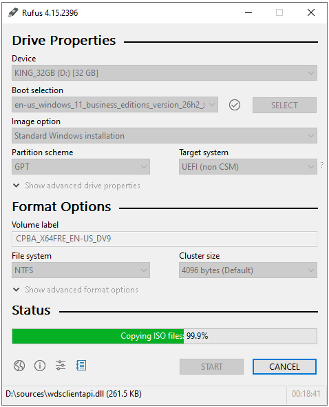 Rufus Copying ISO files yüzde 99, son dosyalar yazılıyor