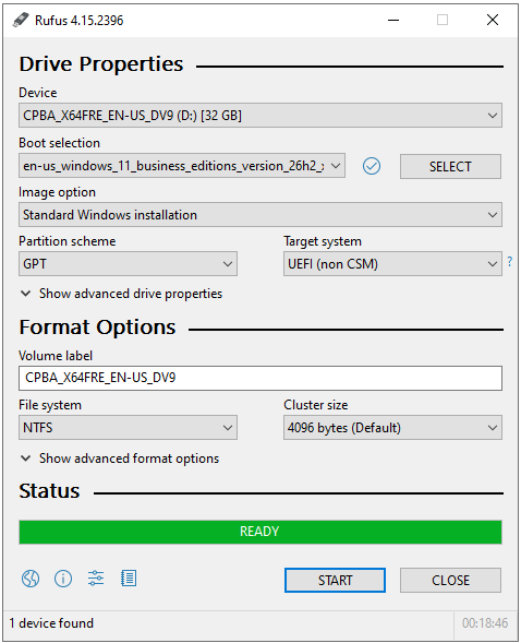 Rufus READY durumu, Windows 11 Bootable USB Disk hazır